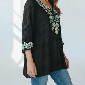 Black Embroidered Boho Tunic Top Teal & Black Medium